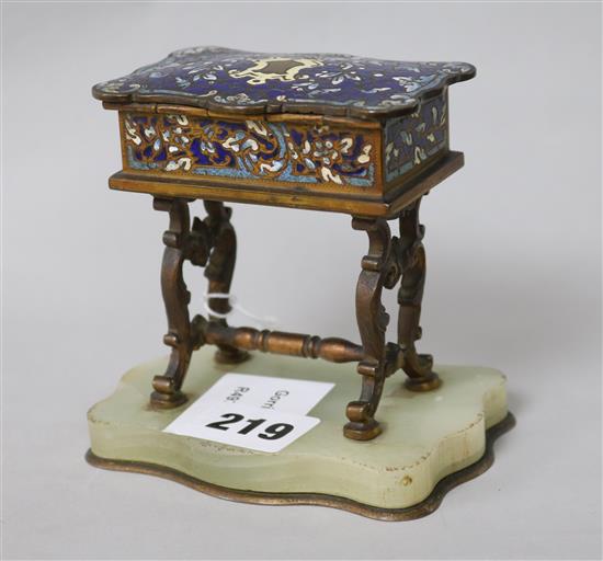 A French champleve enamelled casket modelled as a work table height 10cm